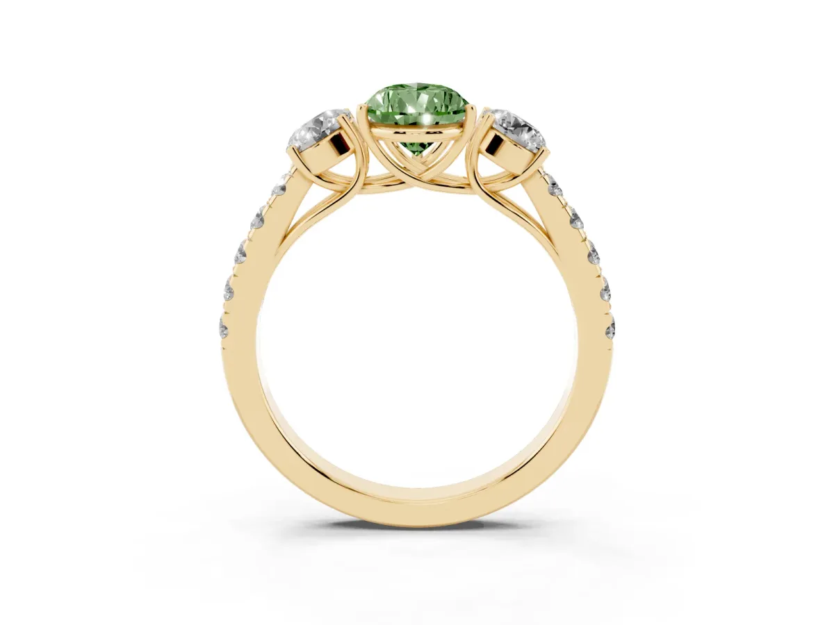 Fancy Green Pear Cut Cut Diamond Three-Stone Ring with Round Side Stones and Pavé Band Yellow gold