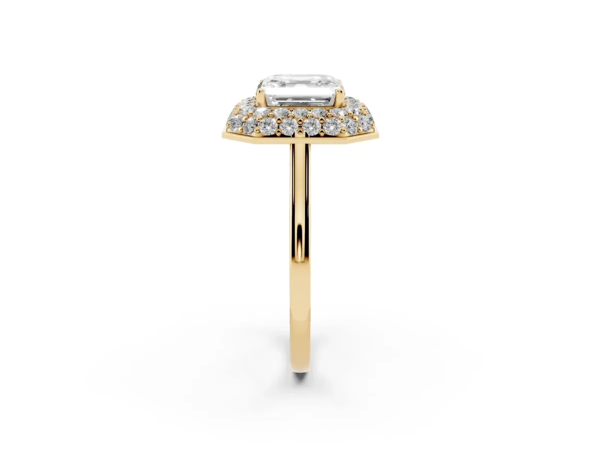 Asscher Cut Halo Diamond Engagement Ring with Solitaire Band and Four-Prong Setting Yellow gold