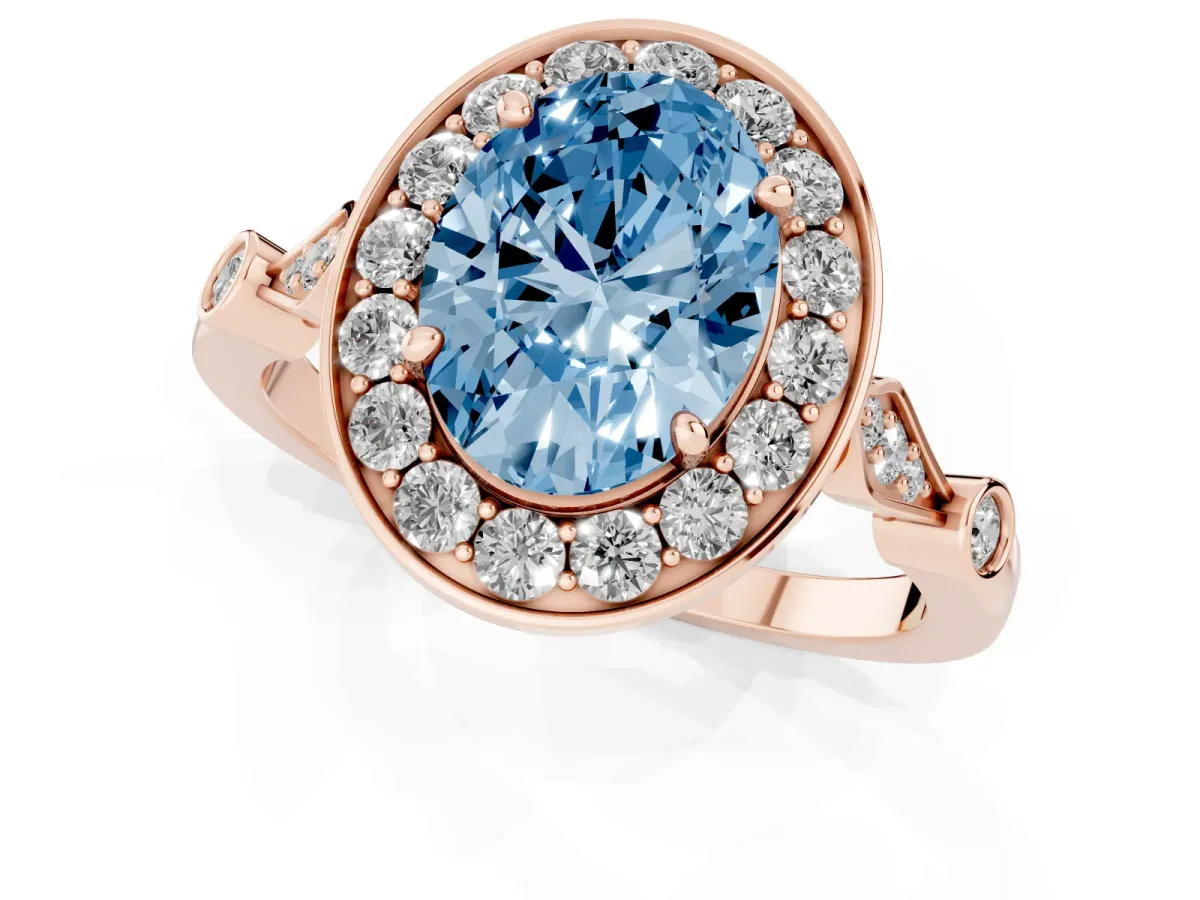 Fancy Blue Oval Cut Halo Diamond Engagement Ring with Twisted Band and Four-Prong Setting Rose gold
