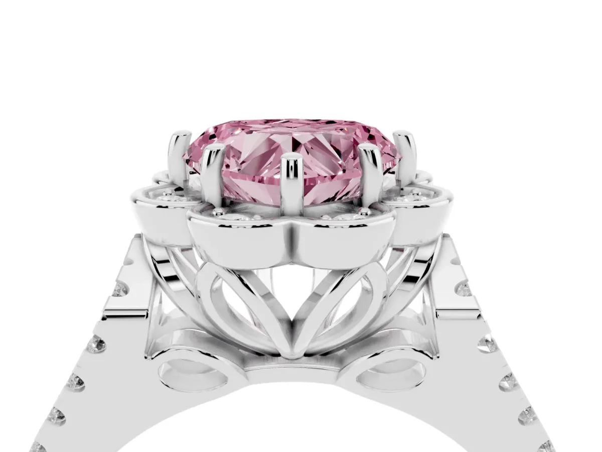 Fancy Pink Heart Cut Halo Diamond Floral Split Shank Engagement Ring Silver