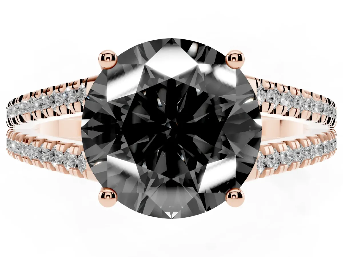 Fancy Black Round Cut Diamond Solitaire Engagement Ring with Split Shank Pavé Band Rose gold