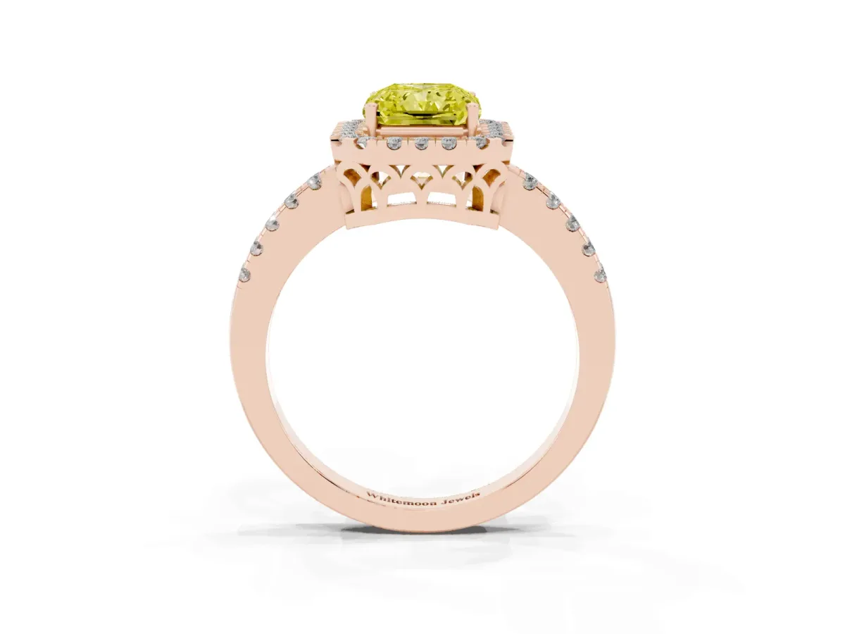 Fancy Yellow Radiant Cut Halo Diamond Engagement Ring with Pavé Band and Four-Prong Setting Rose gold