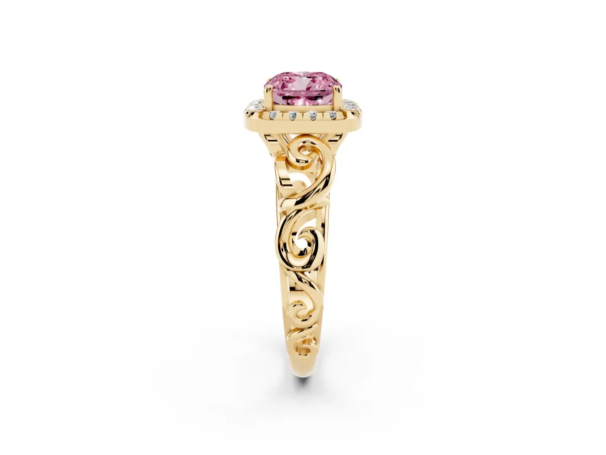 Fancy Pink Cushion Cut Cut Halo Diamond Ring with Scrollwork Band and Four-Prong Setting Yellow gold