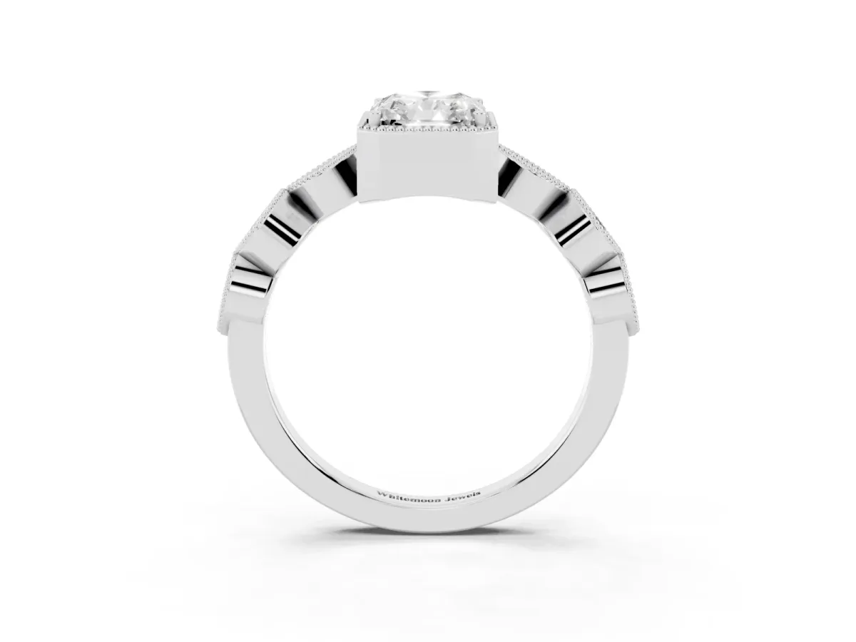 Radiant Cut Diamond Vintage Milgrain Ring with Round Stations Silver