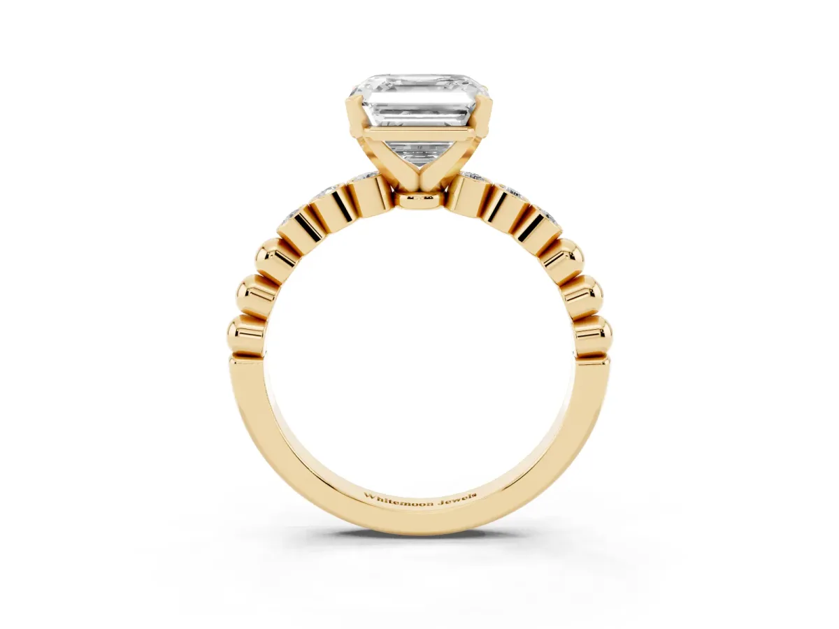 Asscher Cut Solitaire Bezel Accent Diamond Engagement Ring with Beaded Band and Four-Prong Setting Yellow gold
