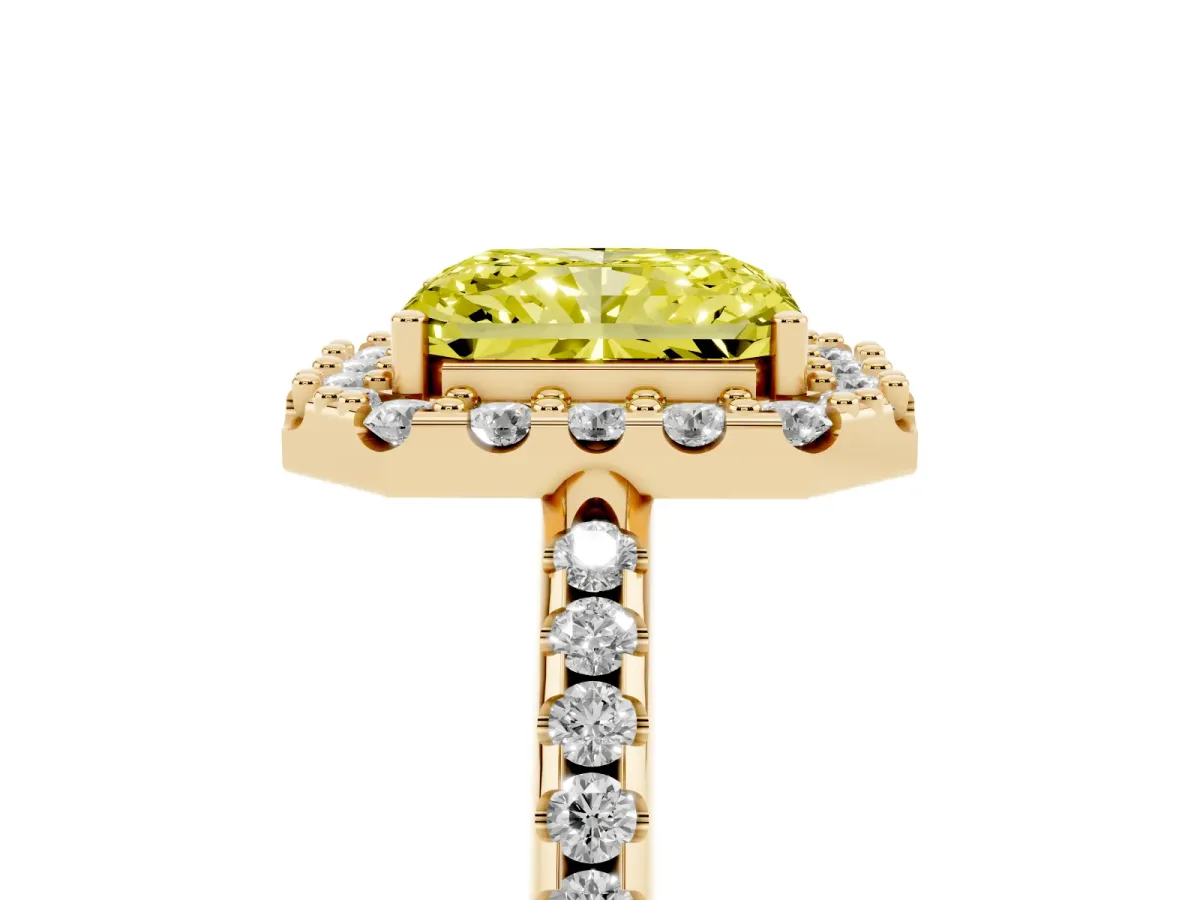 Fancy Yellow Radiant Cut Diamond Pavé Halo Ring with Four-Prong Setting Yellow gold