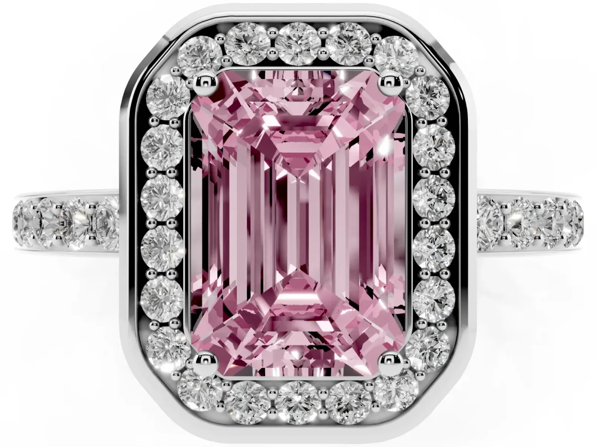 Fancy Pink Emerald Cut Diamond Halo Ring with Bezel Frame and Pavé Band Silver