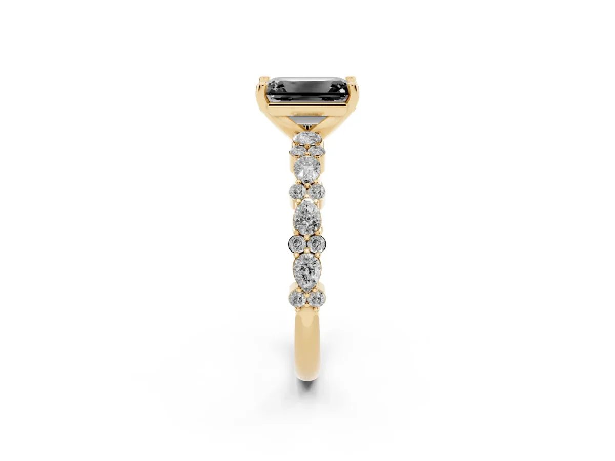 Fancy Black Emerald Cut Diamond Side Stone Solitaire Ring with Round and Four-Prong Setting Yellow gold