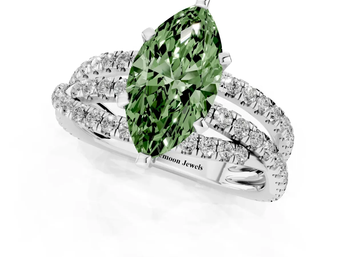 Fancy Green Marquise Cut Solitaire Twist Band with Pavé Setting and Four-Prong Setting Platinum