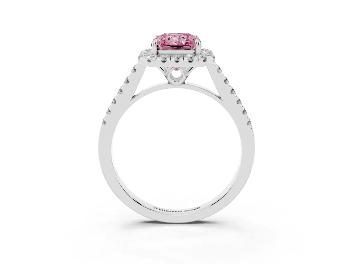 Fancy Pink Radiant Cut Halo Pavé Diamond Engagement Ring with Four-Prong Setting Silver