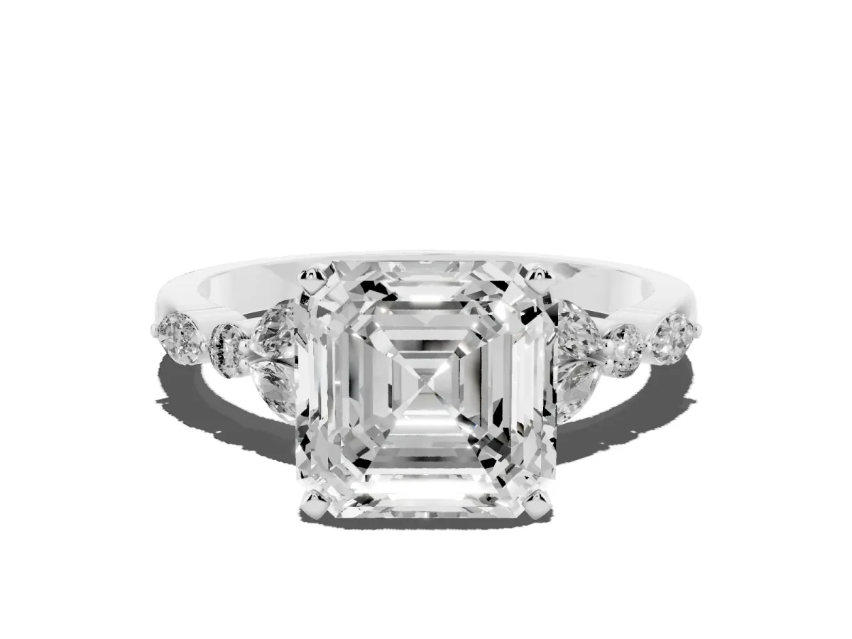 Asscher Cut Diamond Solitaire Ring with Side Stones and Four-Prong Setting White gold