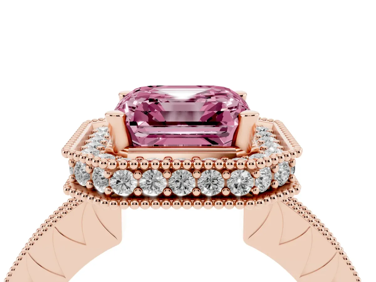 Fancy Pink Asscher Cut Diamond Milgrain Halo Engagement Ring with Round Pavé Band and Prong Setting Rose gold