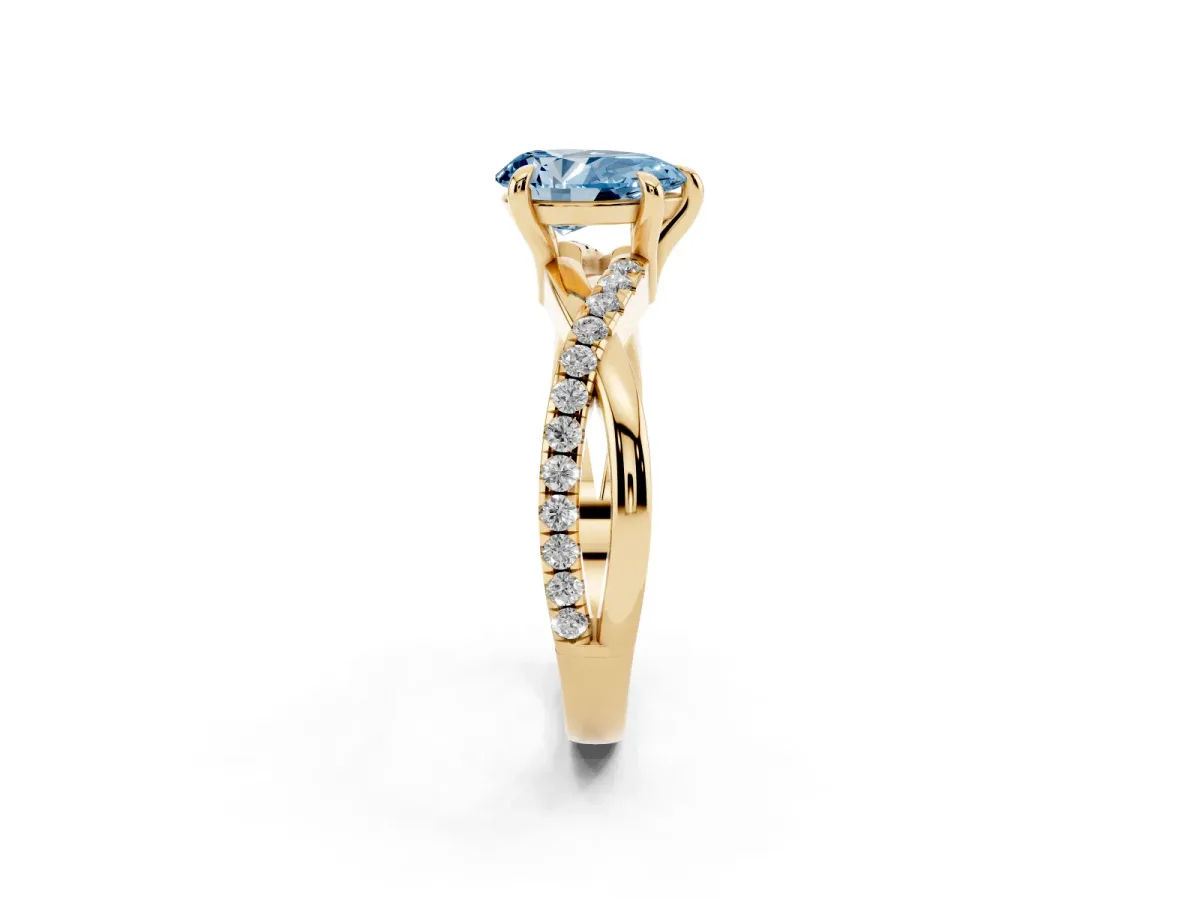 Fancy Blue Pear Cut Cut Diamond Twist Band Solitaire with Prong Setting Yellow gold