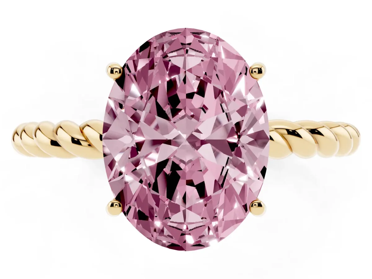 Fancy Pink Oval Cut Solitaire Twisted Band 4-Prong Ring Yellow gold