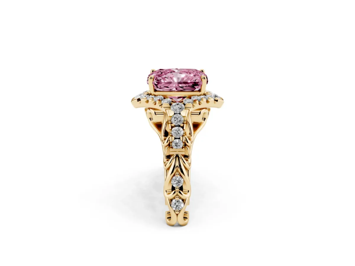 Fancy Pink Radiant Cut Diamond Solitaire Ring with Hidden Halo and Pavé Band Yellow gold