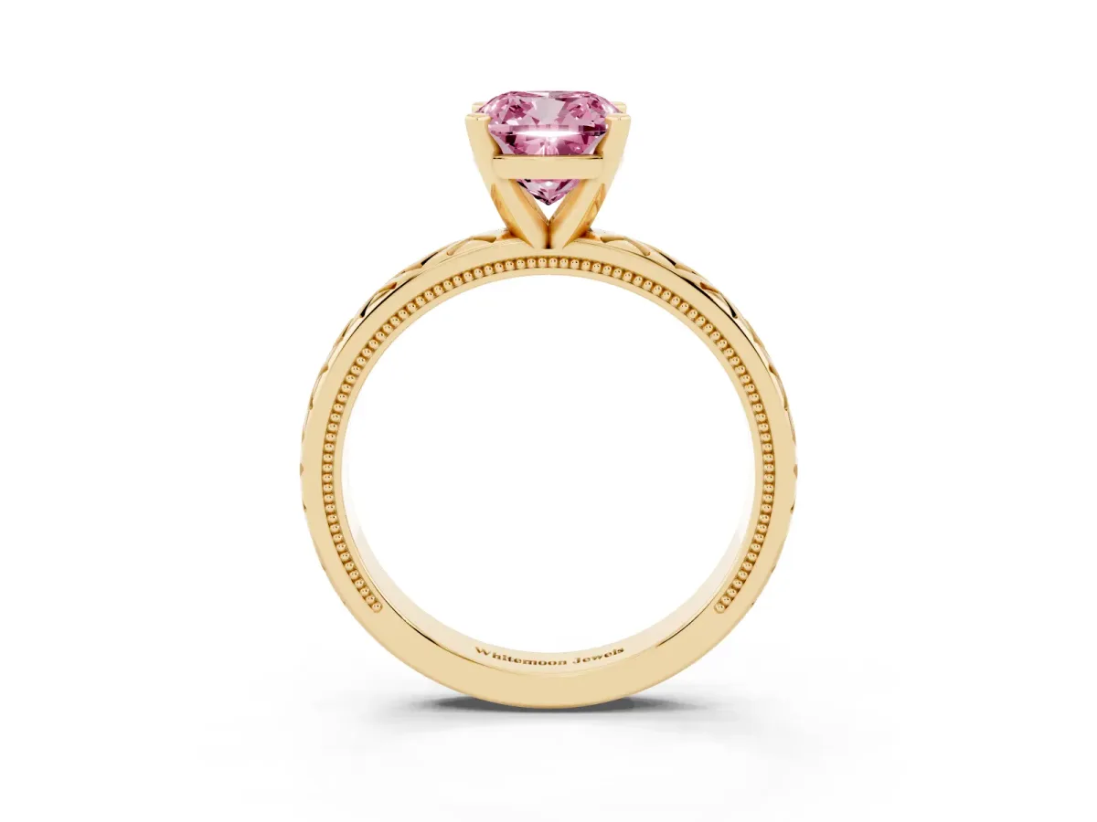 Fancy Pink Cushion Cut Solitaire Diamond Ring with Milgrain and Black Enamel X Pattern Band Yellow gold