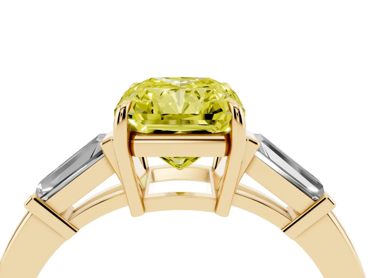 Fancy Yellow Radiant Cut Diamond Three-Stone Ring with Tapered Baguette Side Stones and Prong Setting Yellow gold