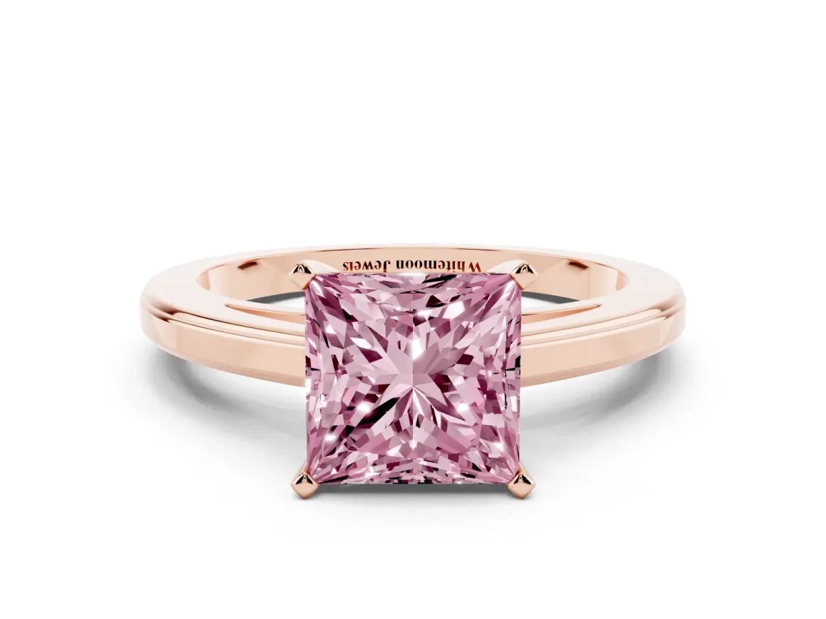 Fancy Pink Princess Cut Solitaire Diamond Ring with Four-Prong Setting and Classic Band Rose gold