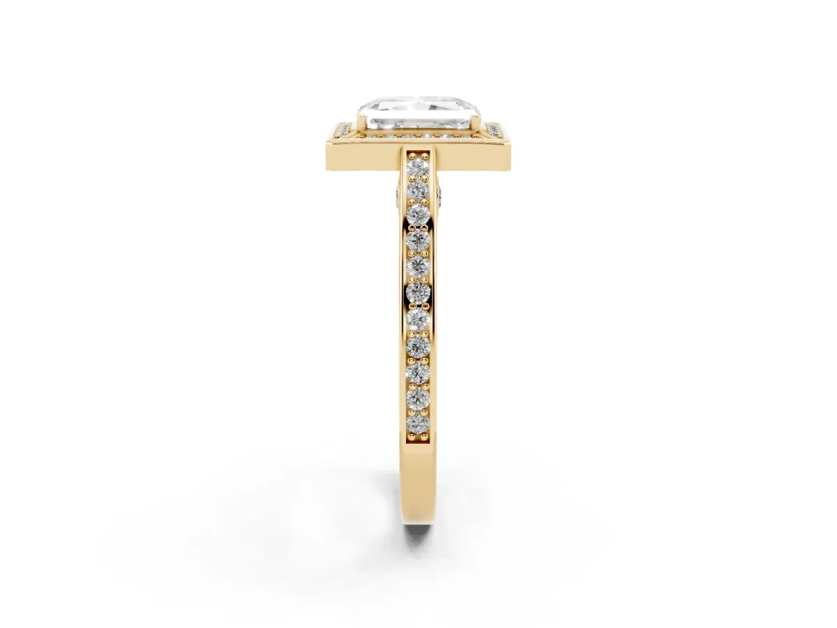 Radiant Cut Cut Halo Pave Split Shank Prong Setting Ring Yellow gold