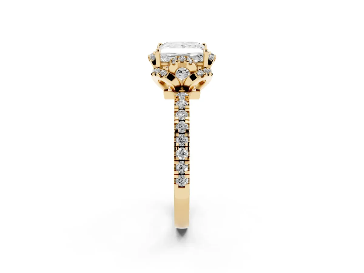 Princess Cut Diamond Halo Pave Band with Four-Prong Setting Yellow gold