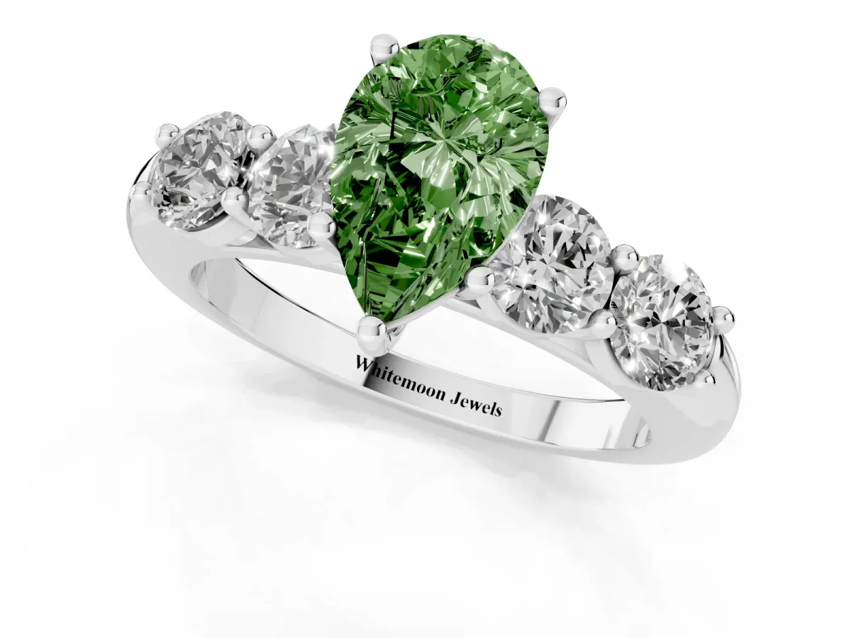 Fancy Green Pear Cut Cut Five-Stone Prong Set Diamond Ring with Classic Band Silver