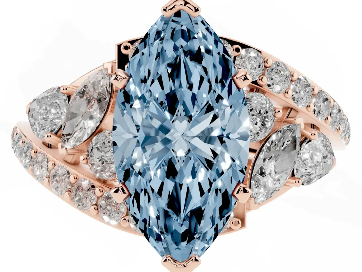 Fancy Blue Marquise Cut Diamond Halo Ring with Marquise and Pavé Band in Prong Setting Rose gold
