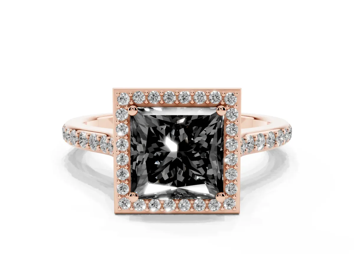 Fancy Black Princess Cut Diamond Halo Engagement Ring with Round Pavé Shoulders and Prong Setting Rose gold