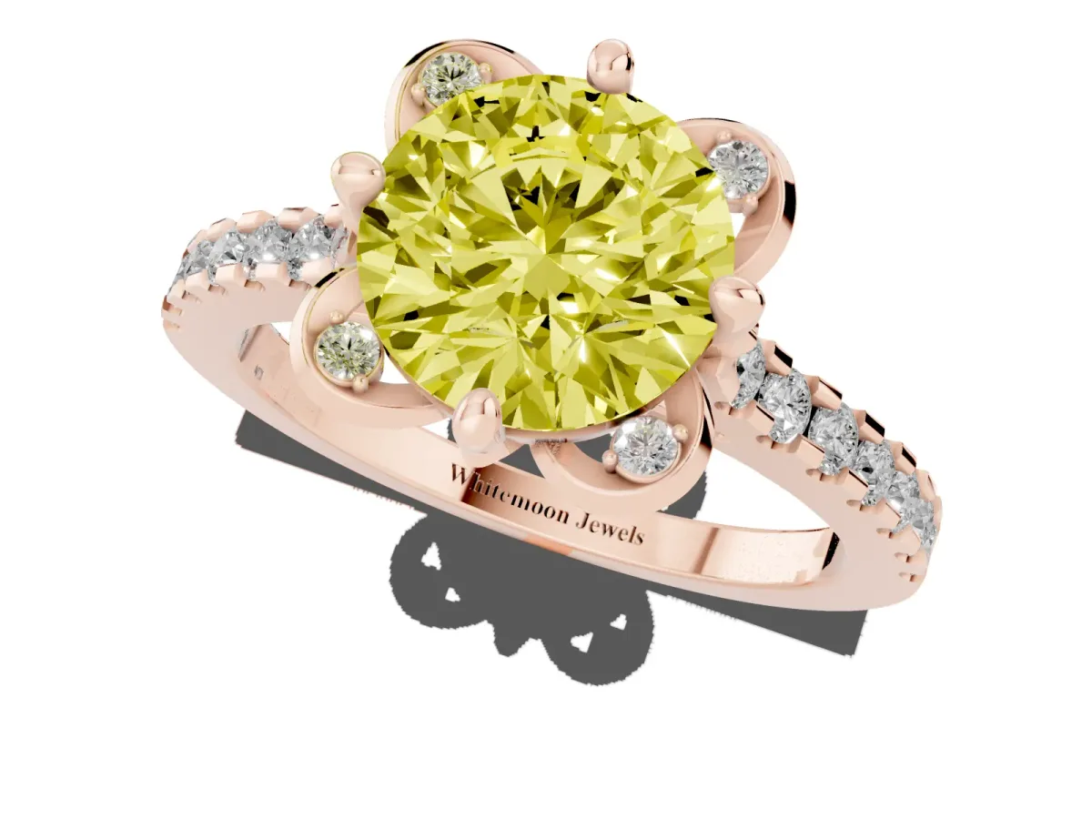 Fancy Yellow Round Cut Diamond Ring with Pavé Band and Floral Prong Setting Rose gold