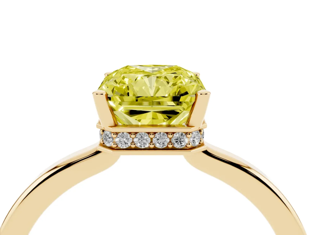 Fancy Yellow Radiant Cut Cut Solitaire Engagement Ring with Four-Prong Setting on a Classic Band Yellow gold
