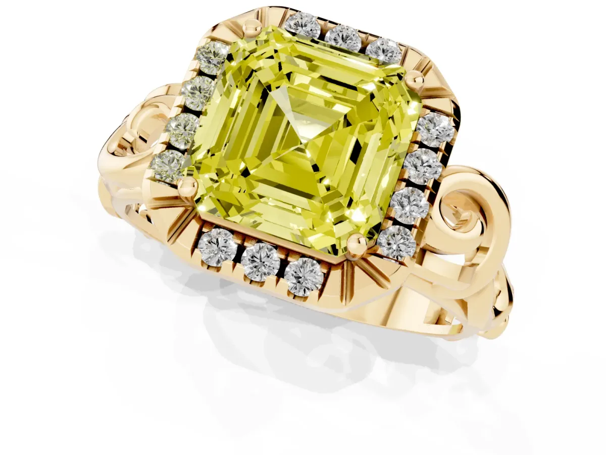 Fancy Yellow Asscher Cut Cut Halo Diamond Ring with Scrollwork Band and Four-Prong Setting Yellow gold