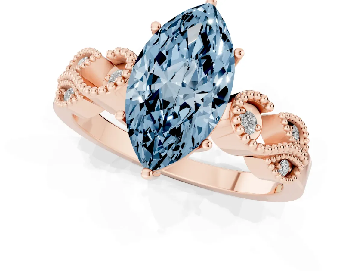 Fancy Blue Marquise Cut Solitaire Milgrain Leaf Band with Prong Setting Rose gold