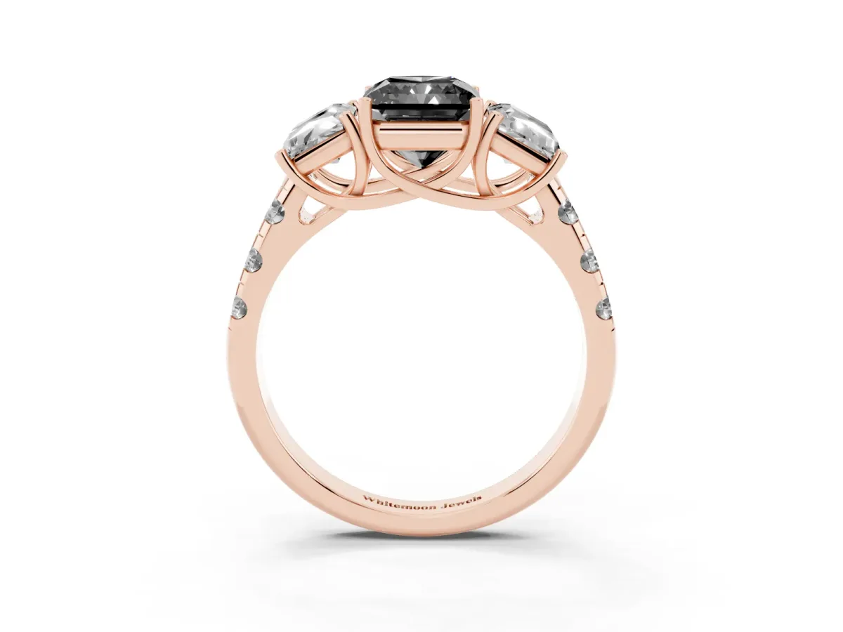 Fancy Black Three-Stone Radiant Cut Diamond Pavé Band with Prong Setting Rose gold