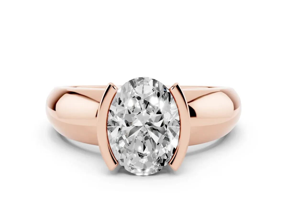 Oval Cut Solitaire Tension Set Diamond Ring with Wide Band Rose gold