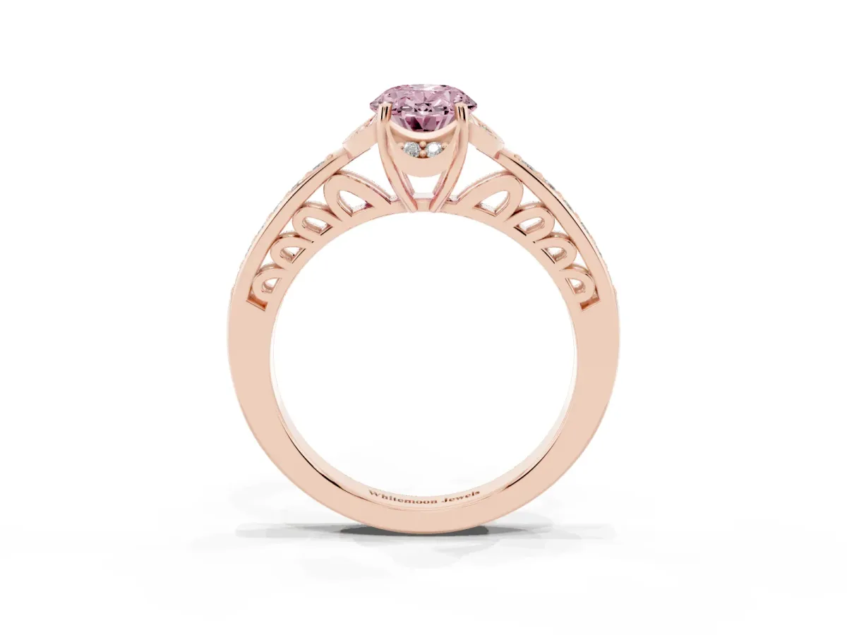 Fancy Pink Oval Cut Cut Halo Diamond Ring with Channel Set Band and Four-Prong Setting Rose gold
