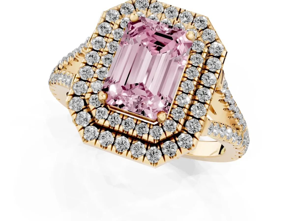 Fancy Pink Emerald Cut Diamond Double Halo Ring with Pavé Band and Prong Setting Yellow gold