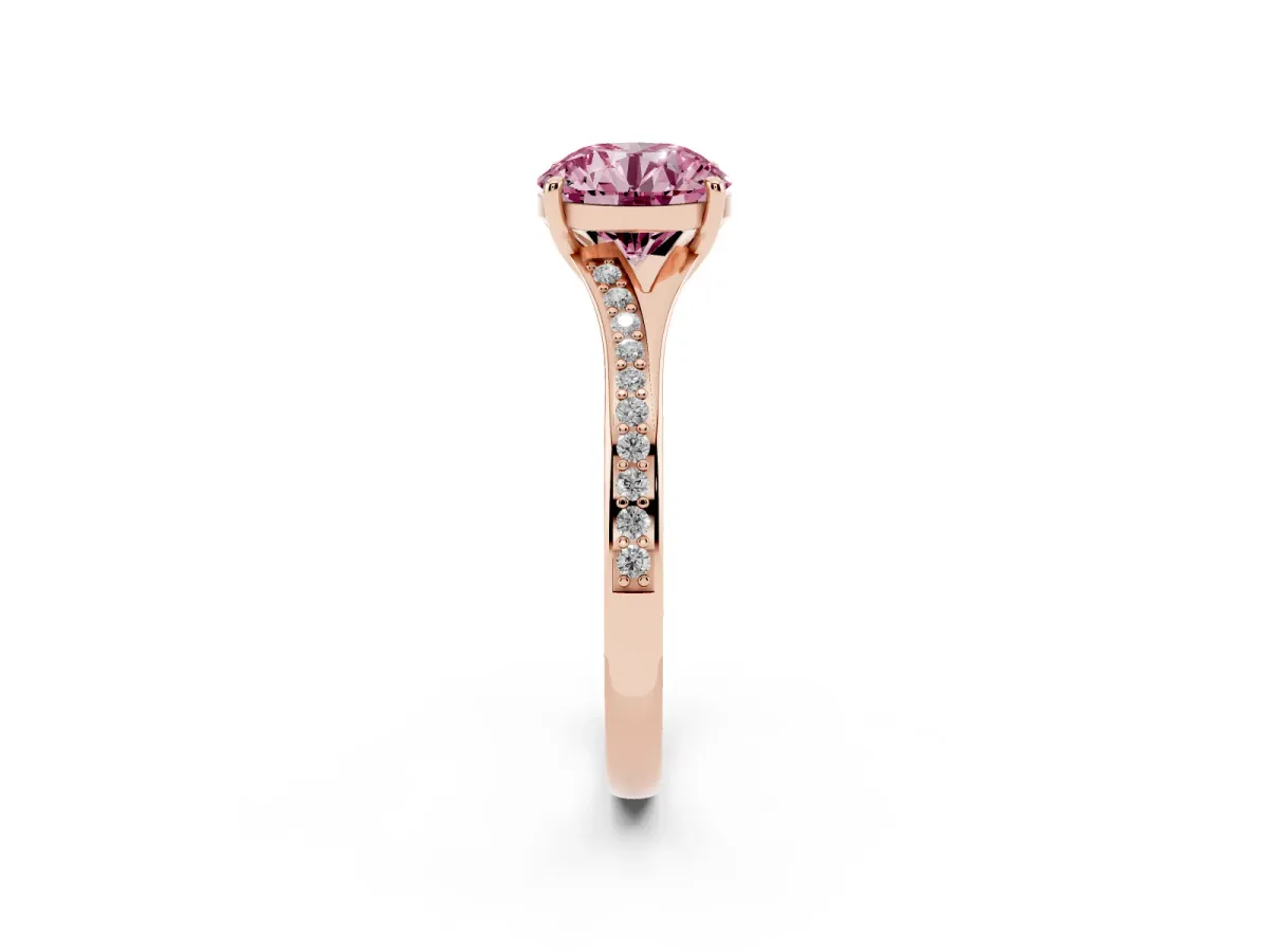 Fancy Pink Round Cut Diamond Solitaire Ring with Pavé Band and Prong Setting Rose gold