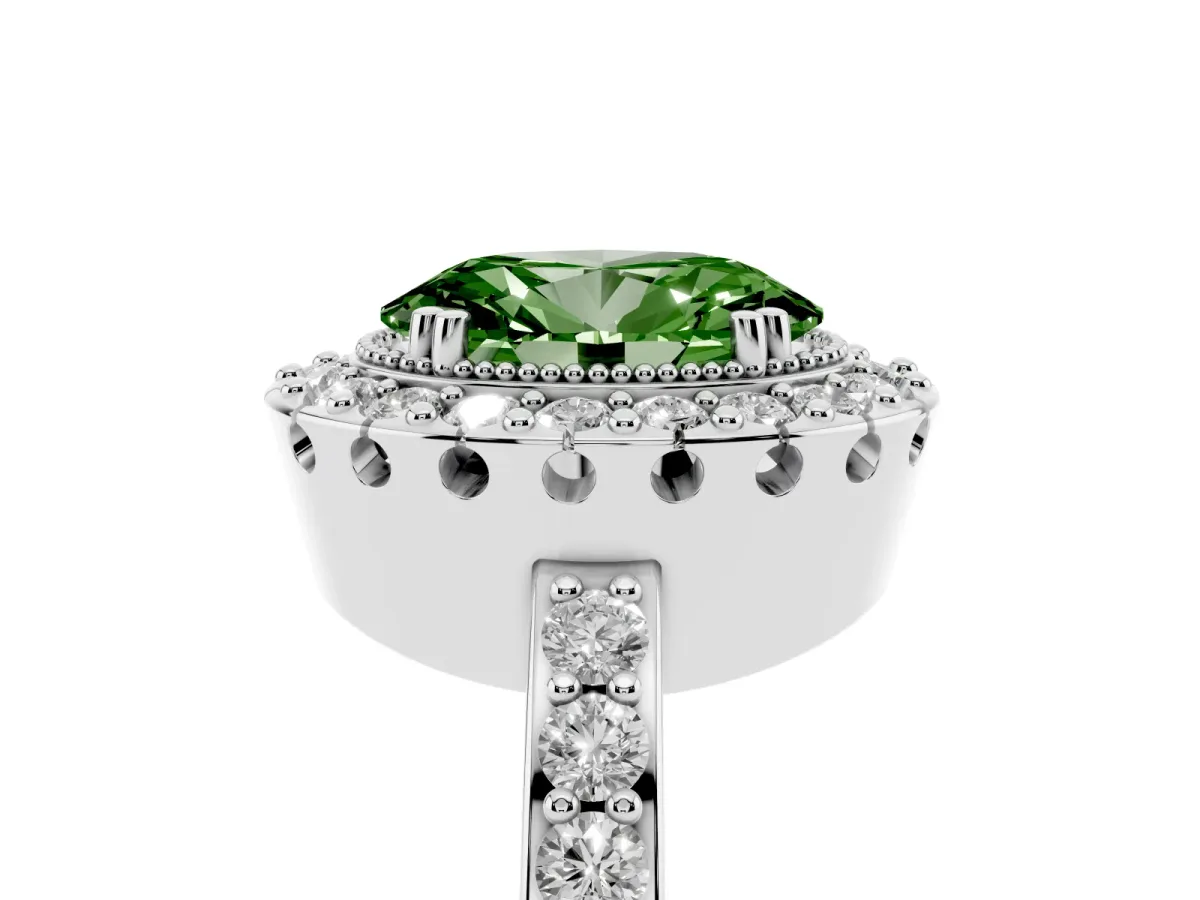 Fancy Green Oval Cut Diamond Halo Ring with Pavé Band and Prong Setting Silver