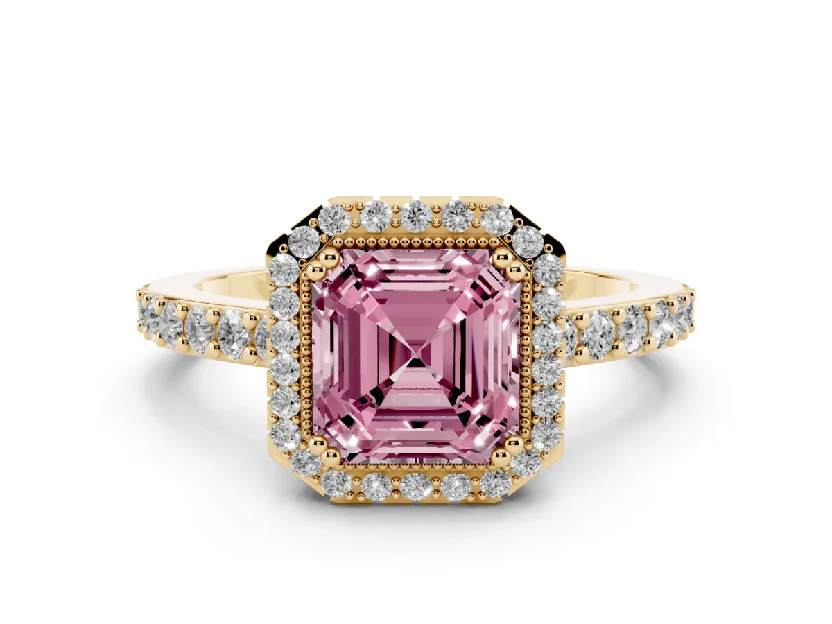 Fancy Pink Asscher Cut Cut Diamond Halo Engagement Ring with Milgrain Detail and Pavé Band Yellow gold