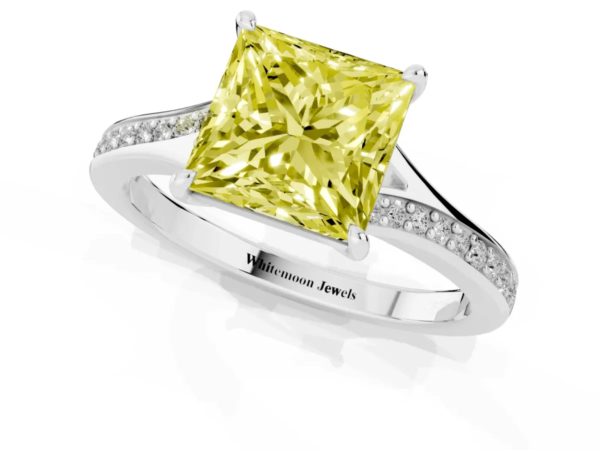 Fancy Yellow Princess Cut Diamond Solitaire Ring with Pavé Band and Prong Setting Silver