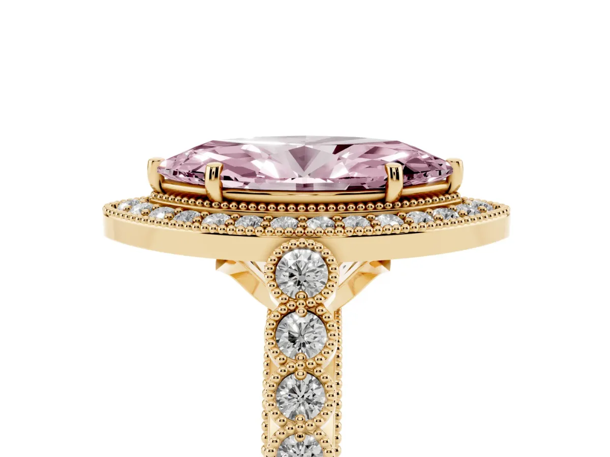 Fancy Pink Marquise Cut Halo Milgrain Solitaire with Bezel Set Side Stones and Pave Band Yellow gold