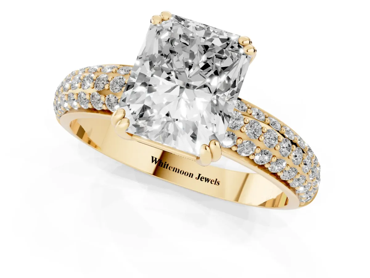 Radiant Cut Diamond Solitaire Ring with Multi-Row Round Pavé Band and Prong Setting Yellow gold