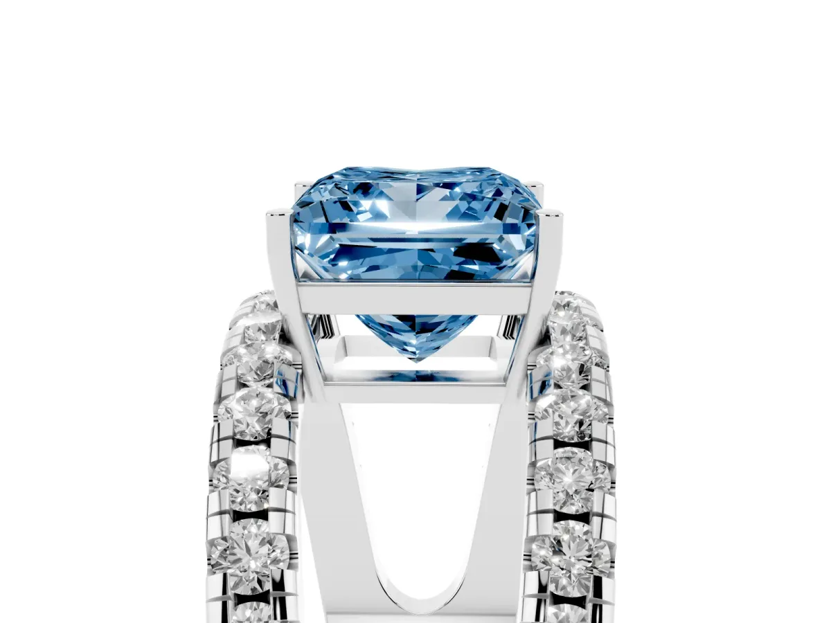 Fancy Blue Princess Cut Solitaire Split Shank Pave Diamond Ring Platinum