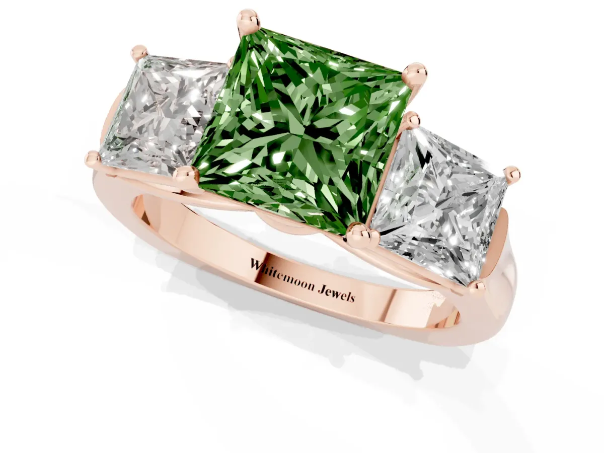 Fancy Green Three-Stone Princess Cut Brilliant Diamond Trellis Ring with Comfort Fit Band Rose gold
