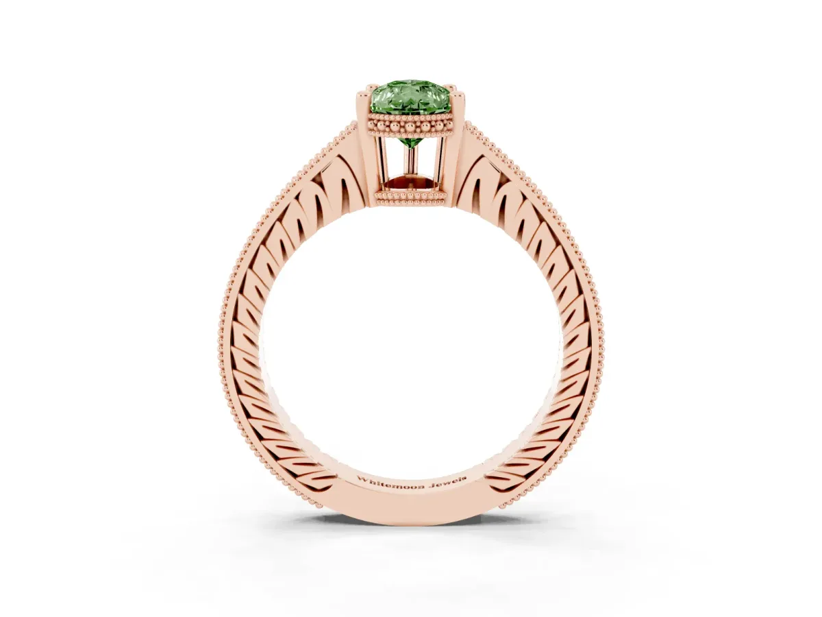 Fancy Green Pear Cut Solitaire Pavé Diamond Milgrain Engagement Ring with Four-Prong Setting Rose gold