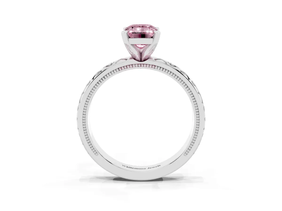 Fancy Pink Emerald Cut Solitaire Diamond Engagement Ring with XO Engraved Band and Four-Prong Setting Silver