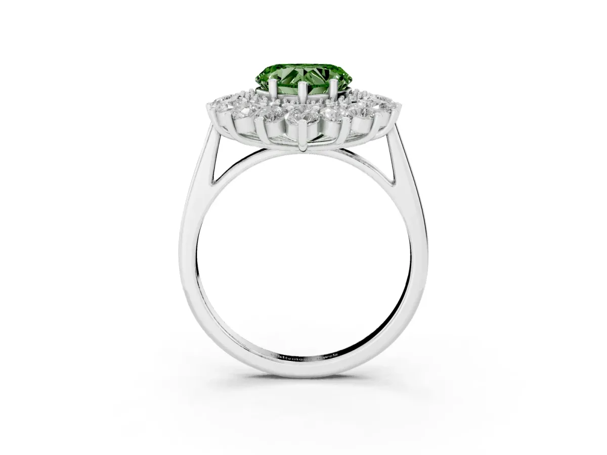 Fancy Green Heart Cut Diamond Floral Double Halo Engagement Ring with Prong Setting Platinum
