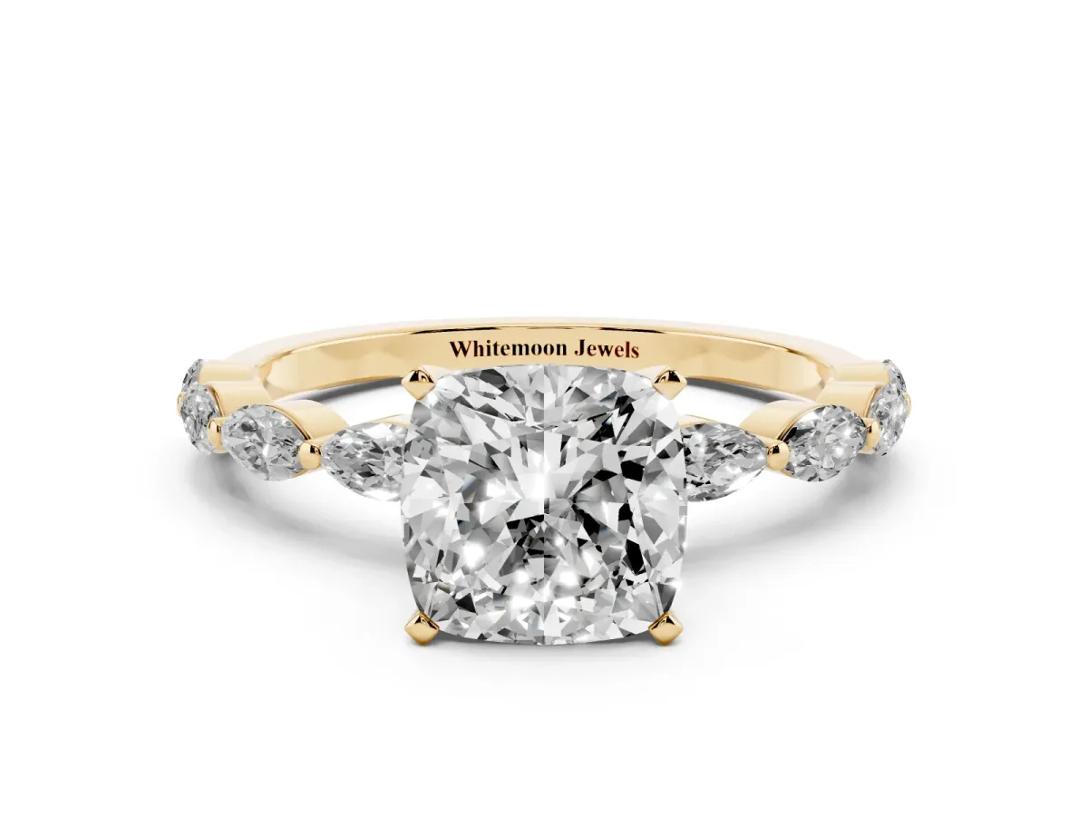 Cushion Cut Diamond Ring with Marquise Side Stones and Prong Setting Yellow gold