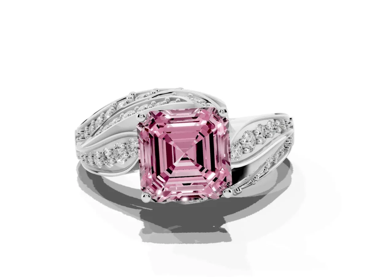 Fancy Pink Asscher Cut Diamond Solitaire Ring with Prong Setting and Twisted Pavé Band Silver