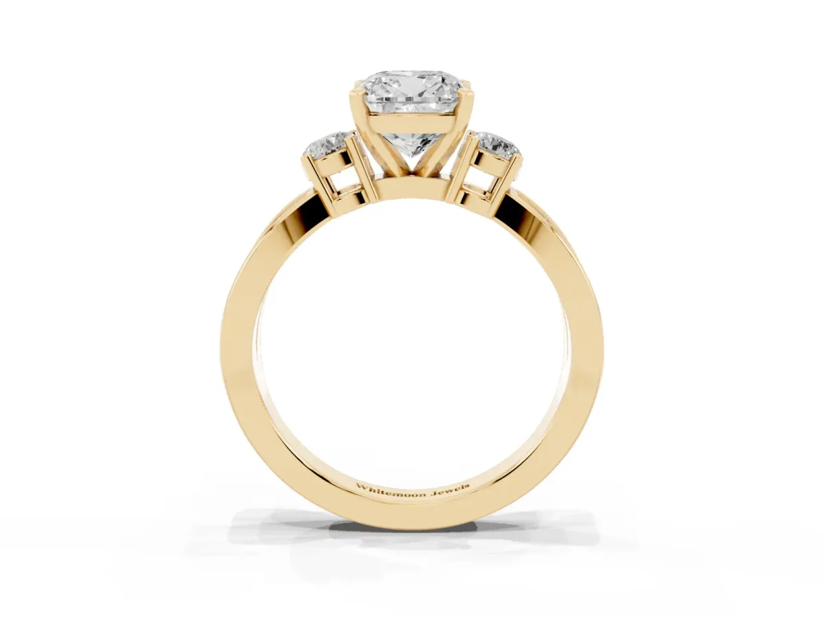 Three-Stone Cushion Cut Cut Diamond Twist Band with Prong Setting Yellow gold