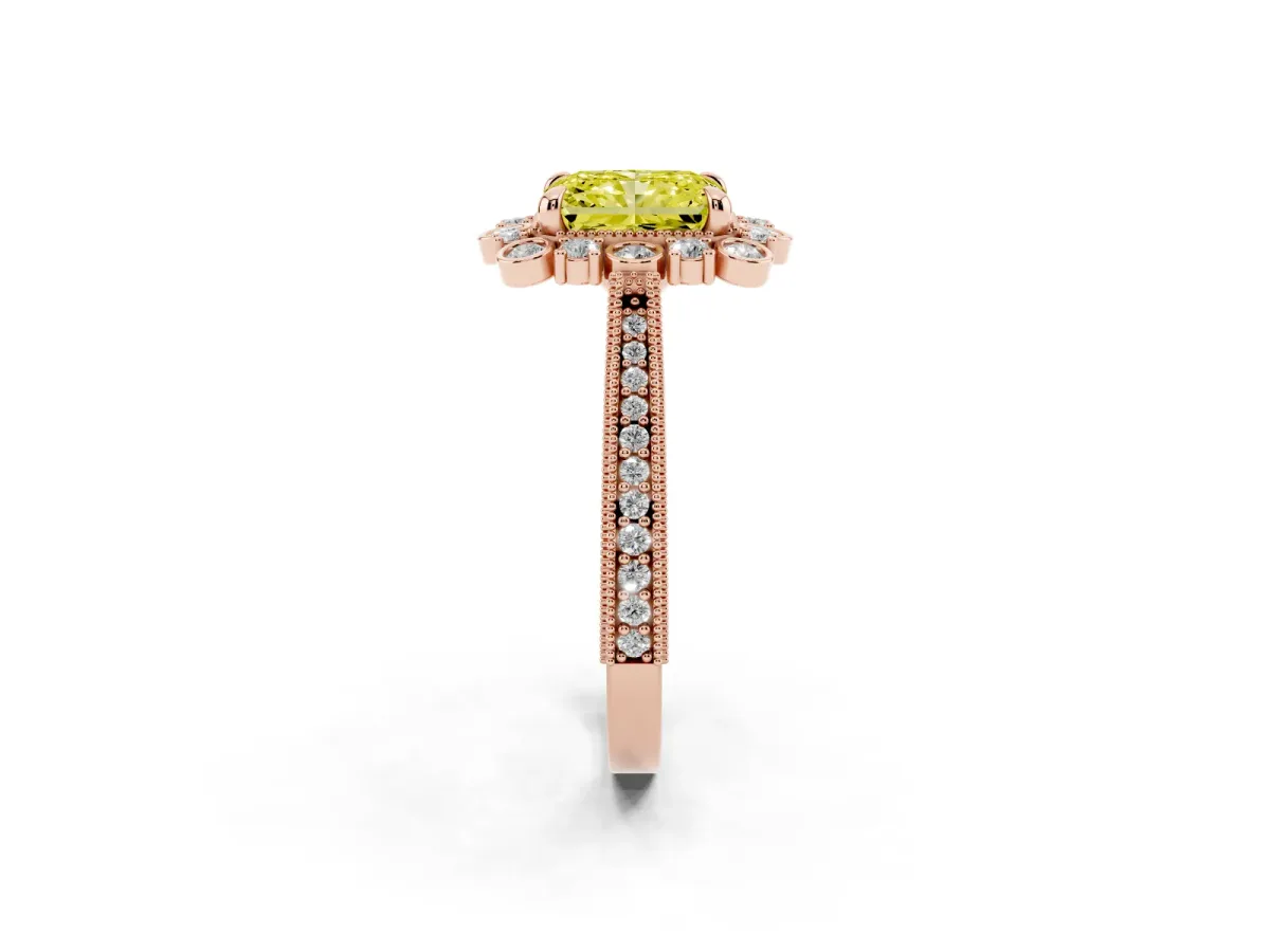 Fancy Yellow Radiant Cut Halo Milgrain Pave Diamond Ring with Four-Prong Setting Rose gold